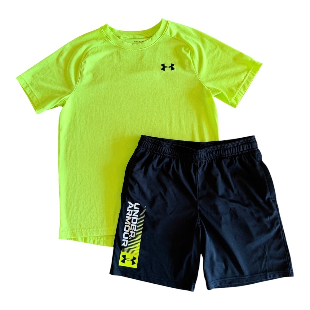 Under Armour Boys Neon Yellow Black Athletic Shirt Shorts Set - Youth Large